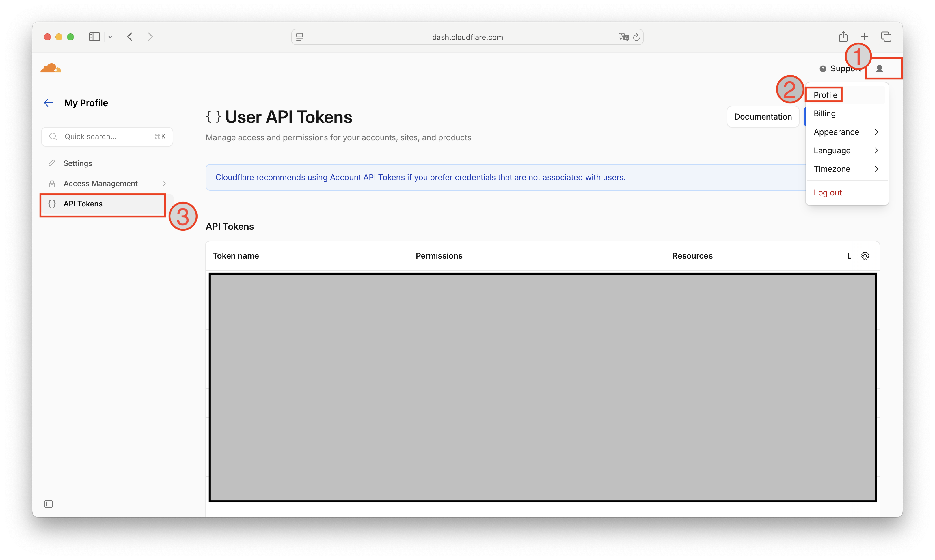 Cloudflare dashboard with profile icon, Profile menu item, and API Tokens sidebar item highlighted