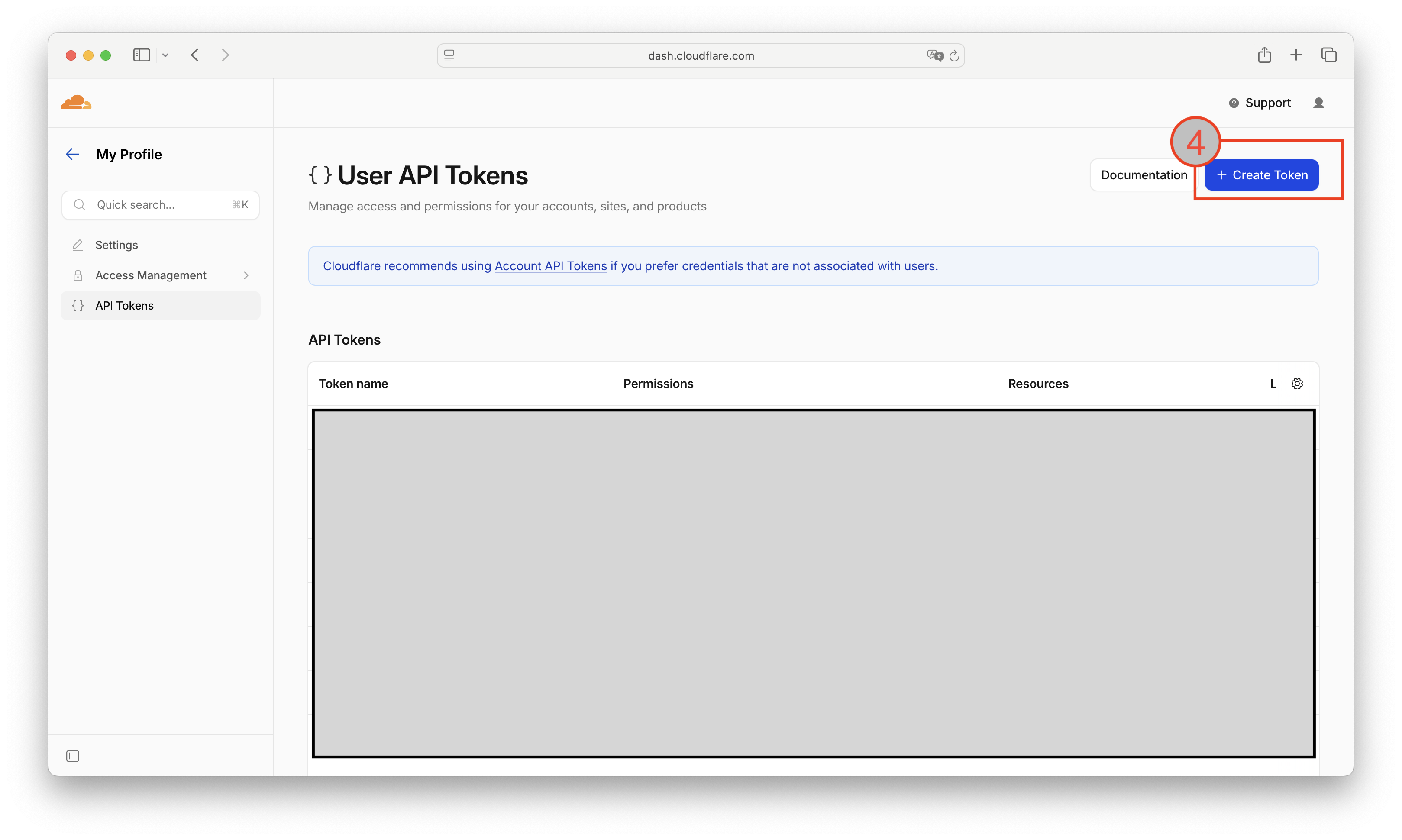 Cloudflare API Tokens page with Create Token button highlighted