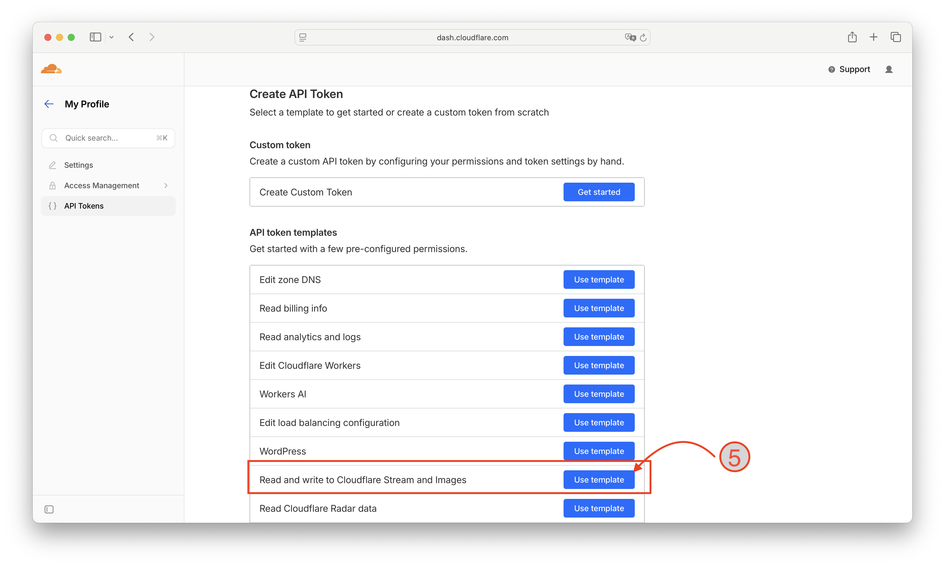 API token templates list with Read and write to Cloudflare Stream and Images template highlighted