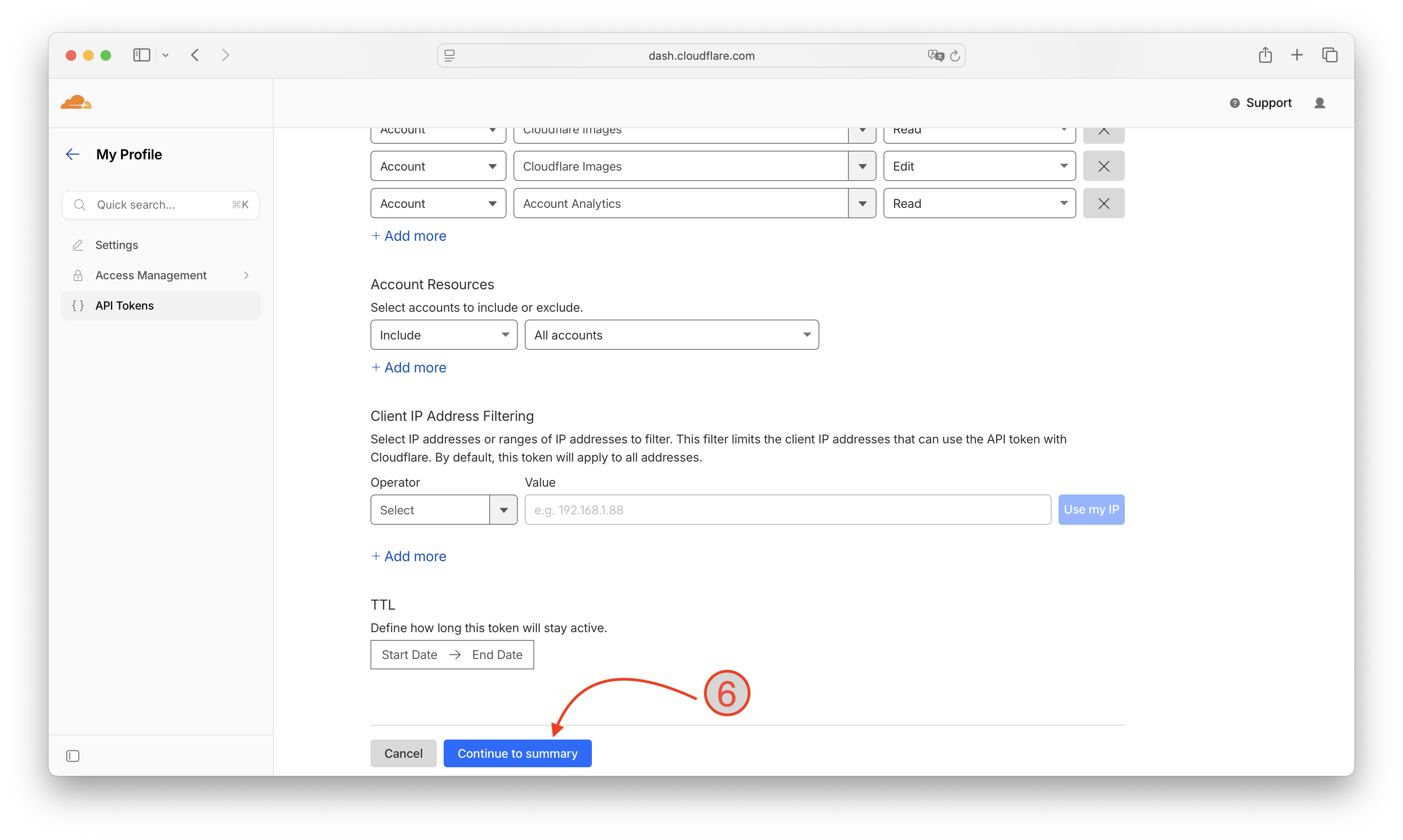 API token configuration page showing permissions, account resources, IP filtering, TTL, and Continue to summary button