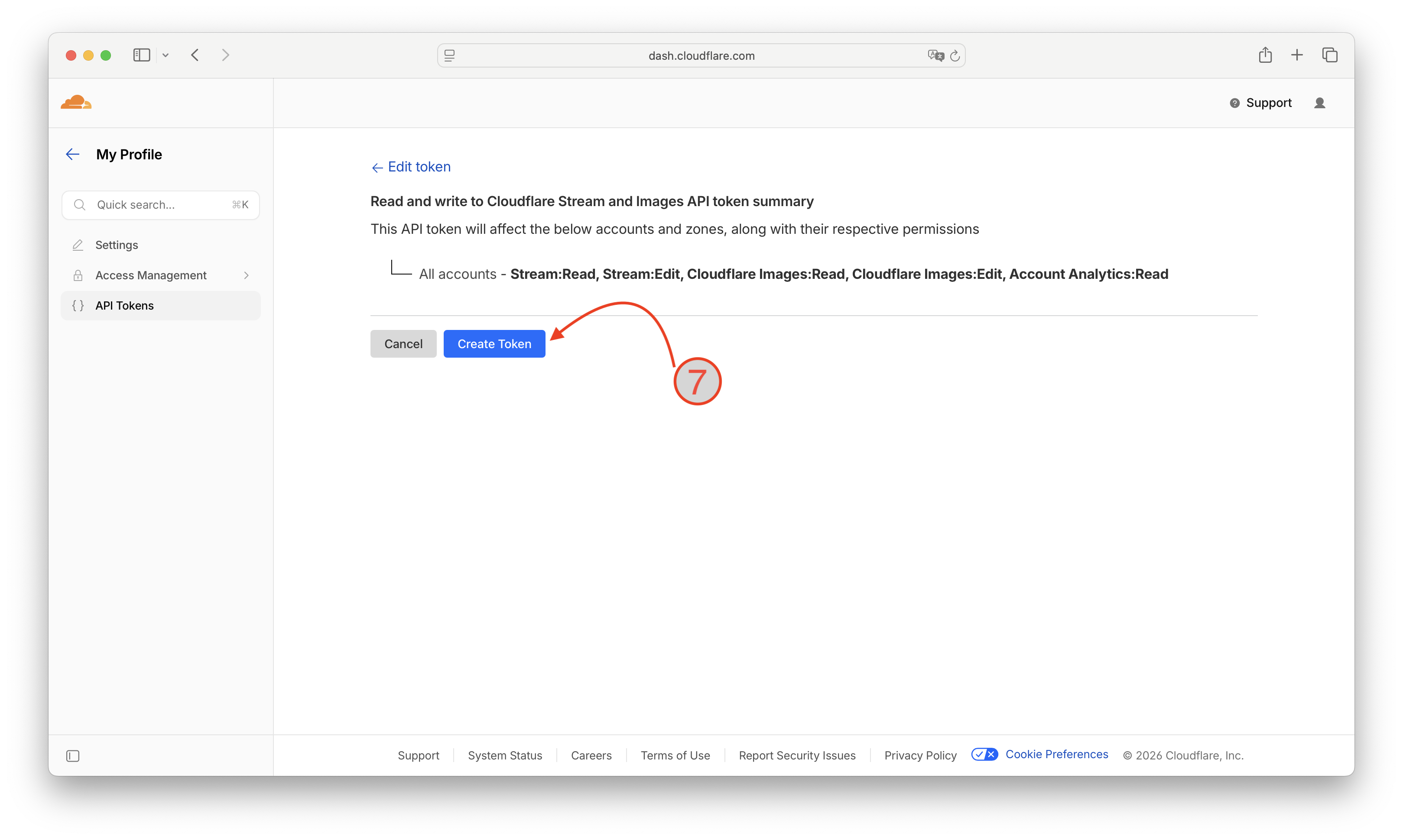 API token summary screen with Create Token button highlighted