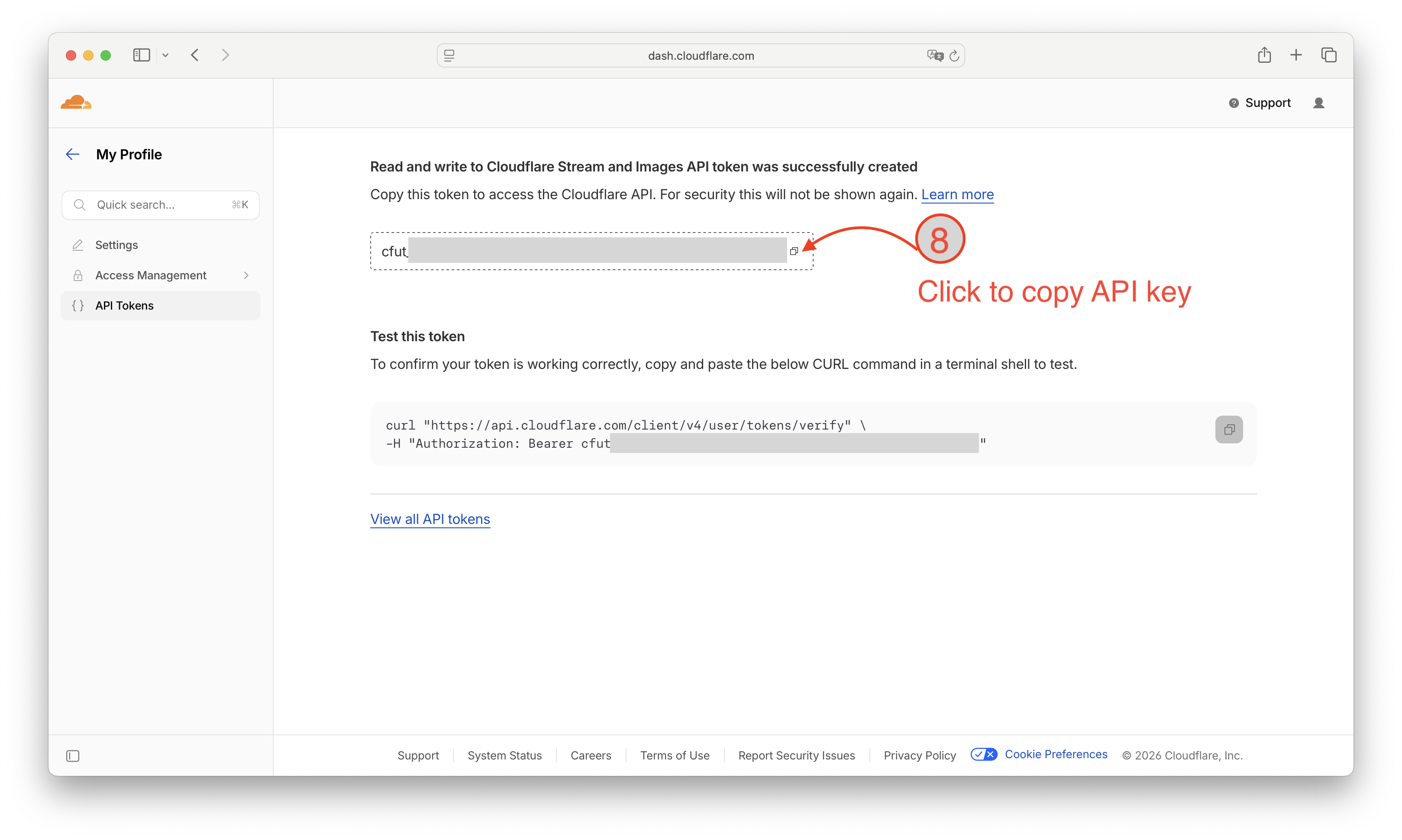API token created successfully screen with the new token shown and a copy button highlighted