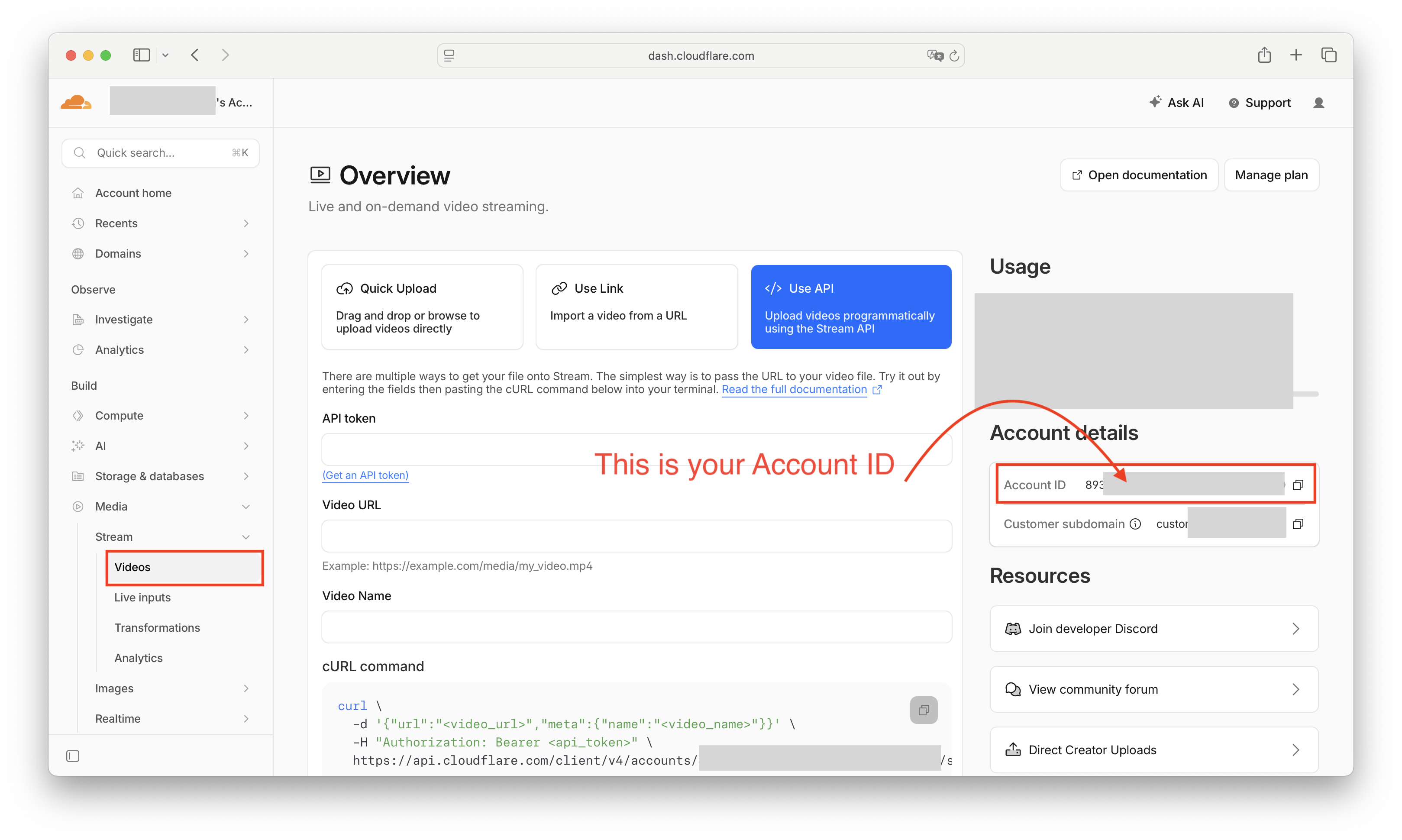 Cloudflare Stream Overview page with Account ID highlighted in the right-hand Account details panel