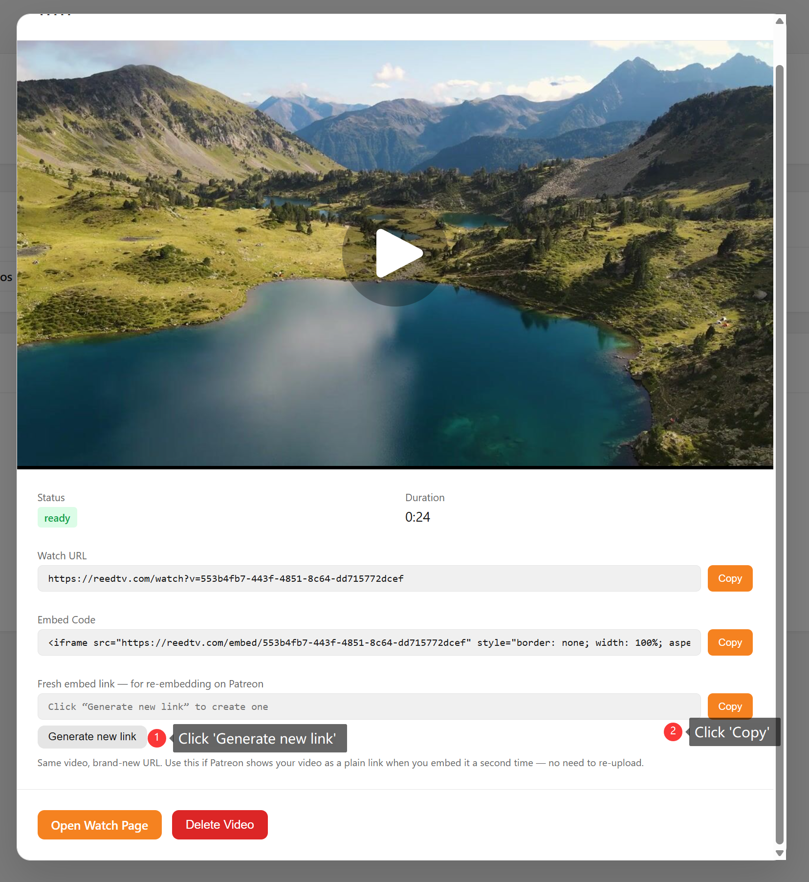 ReedTV video detail panel showing the Fresh embed link section: click Generate new link, then click Copy to get a fresh re-embed URL for the same video