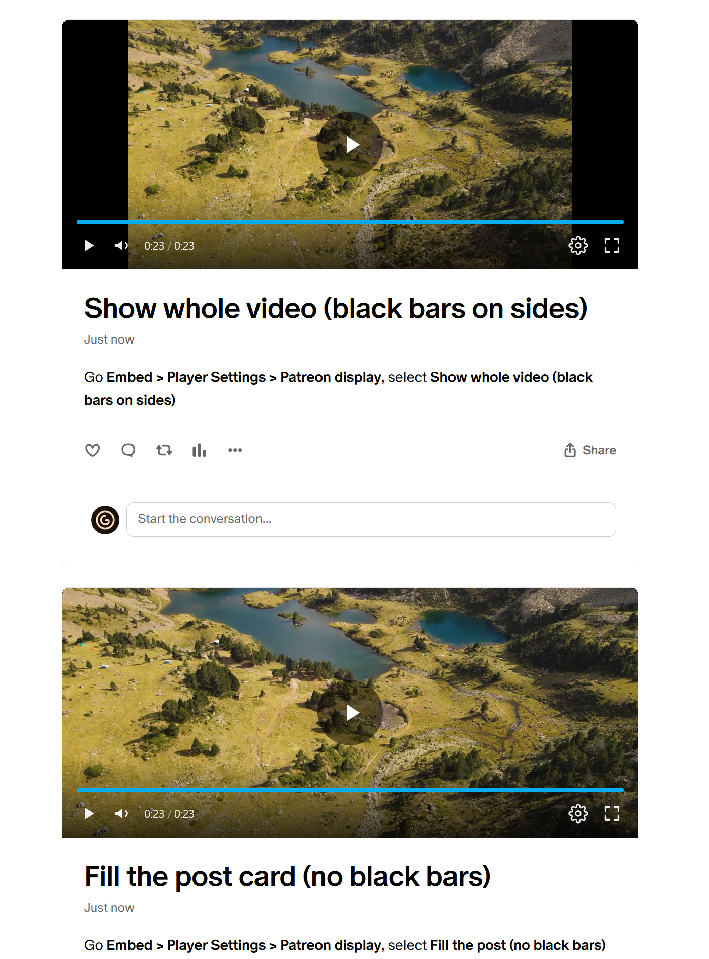 Two Patreon posts of the same video side by side: the top shows black bars on the sides (Show whole video), the bottom fills the card with no black bars (Fill the post card)